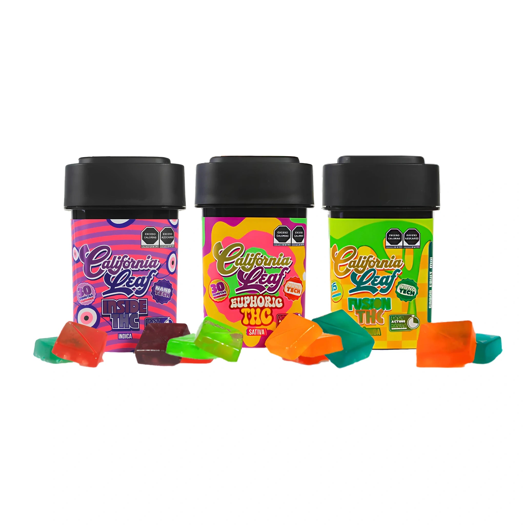 California Leaf Gomitas Delta 9 Nanotech 25mg Euphoric Sativa, Fusion Hybrid, Inside Indica Blonti México