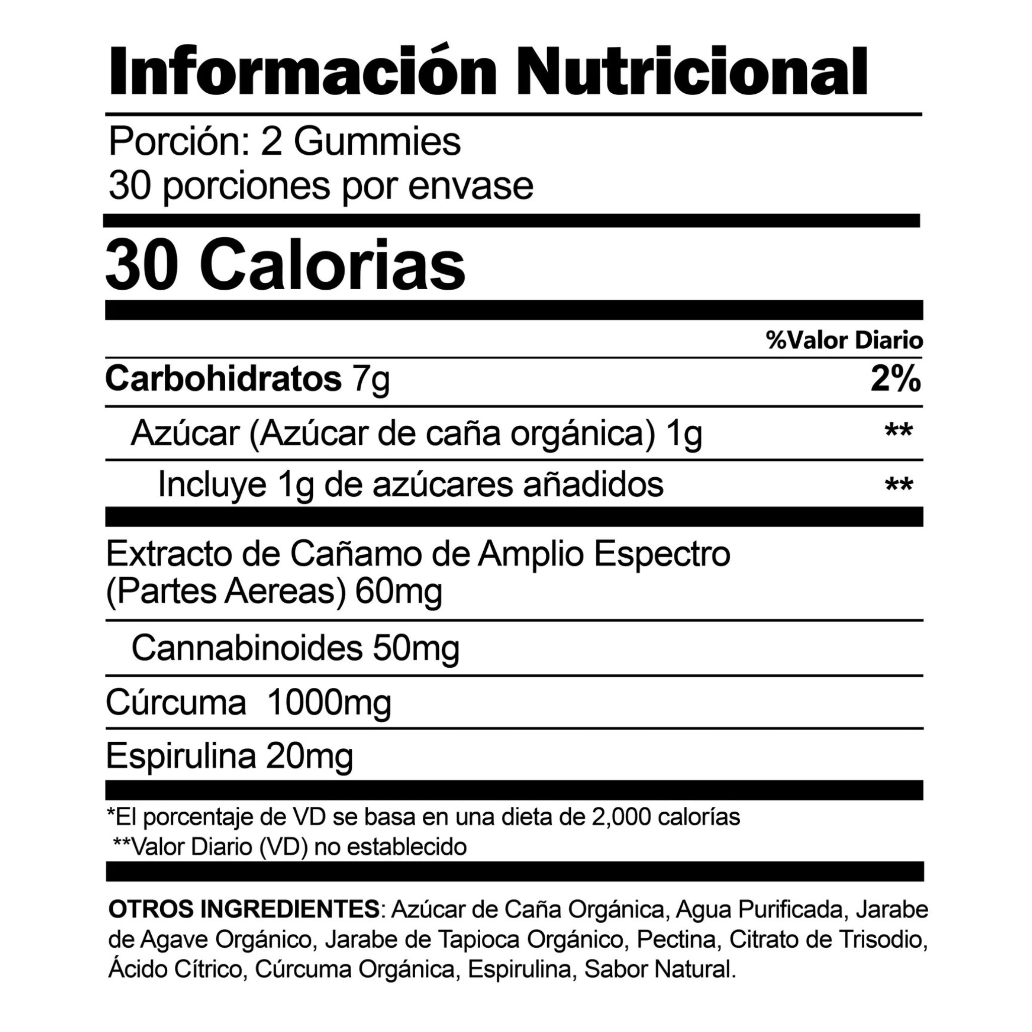 CBDfx Gomitas CBD Curcuma Espirulina 1500mg 60 Piezas Información Nutricional