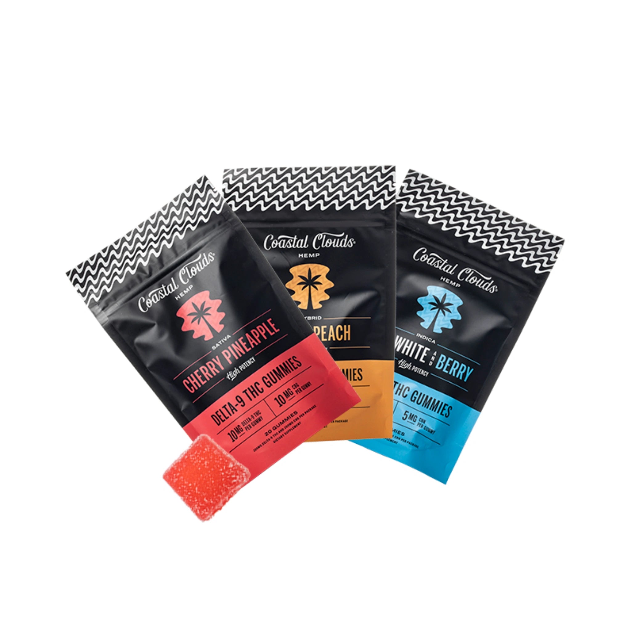 Coastal Clouds Gomitas Delta 9 10mg CBN 5mg 20 Piezas Cherry Pineapple Sweet Peach Red White and Berry Blonti México