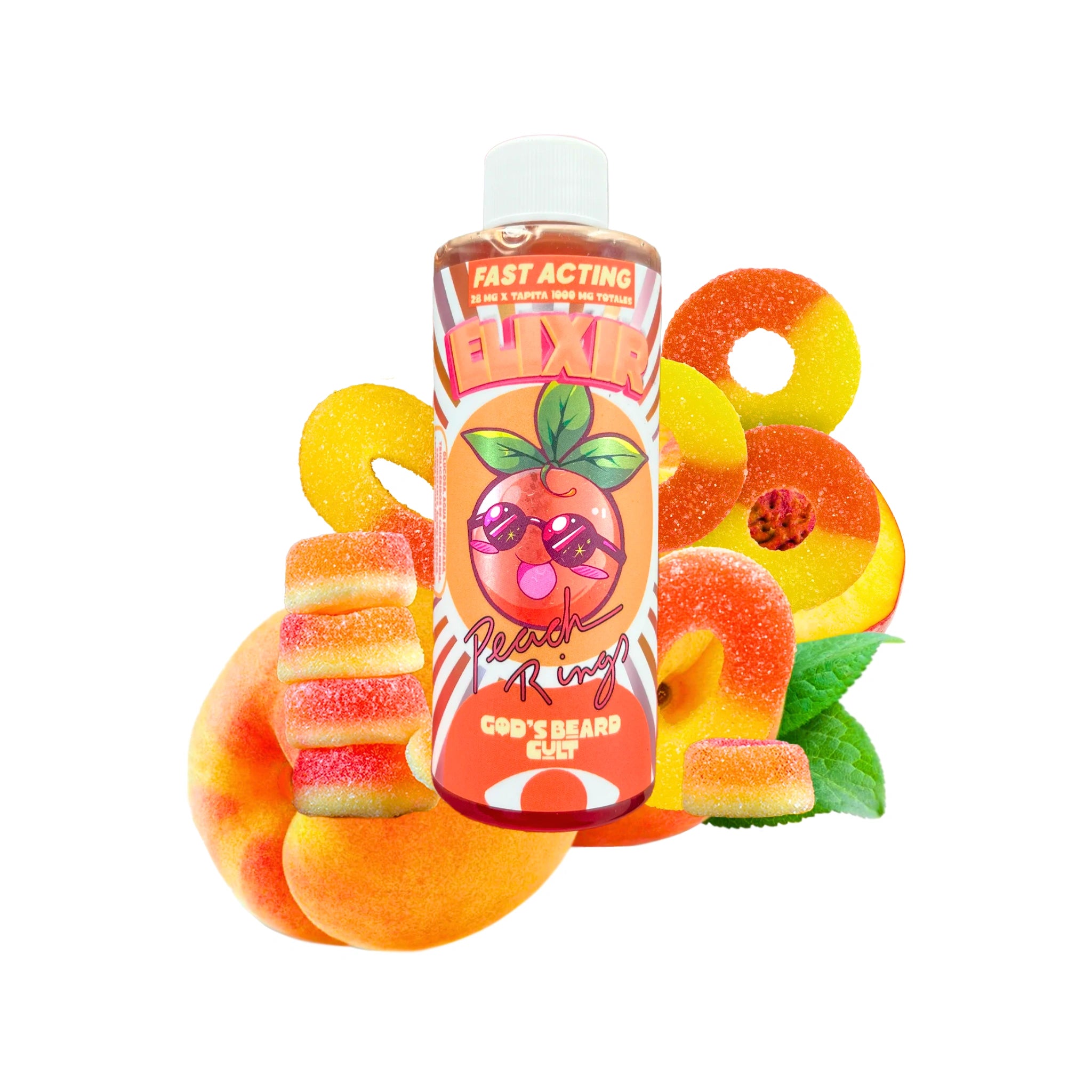 Gods Beard Cult Jarabe Delta 9 1000mg 115ml 28mg tapita Peach Rings Indica Blonti México