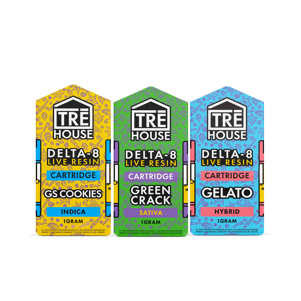 TRE House Cartuchos Wax Delta 8 Live Resin 1g Green Crack GS Cookies Gelato Blonti México