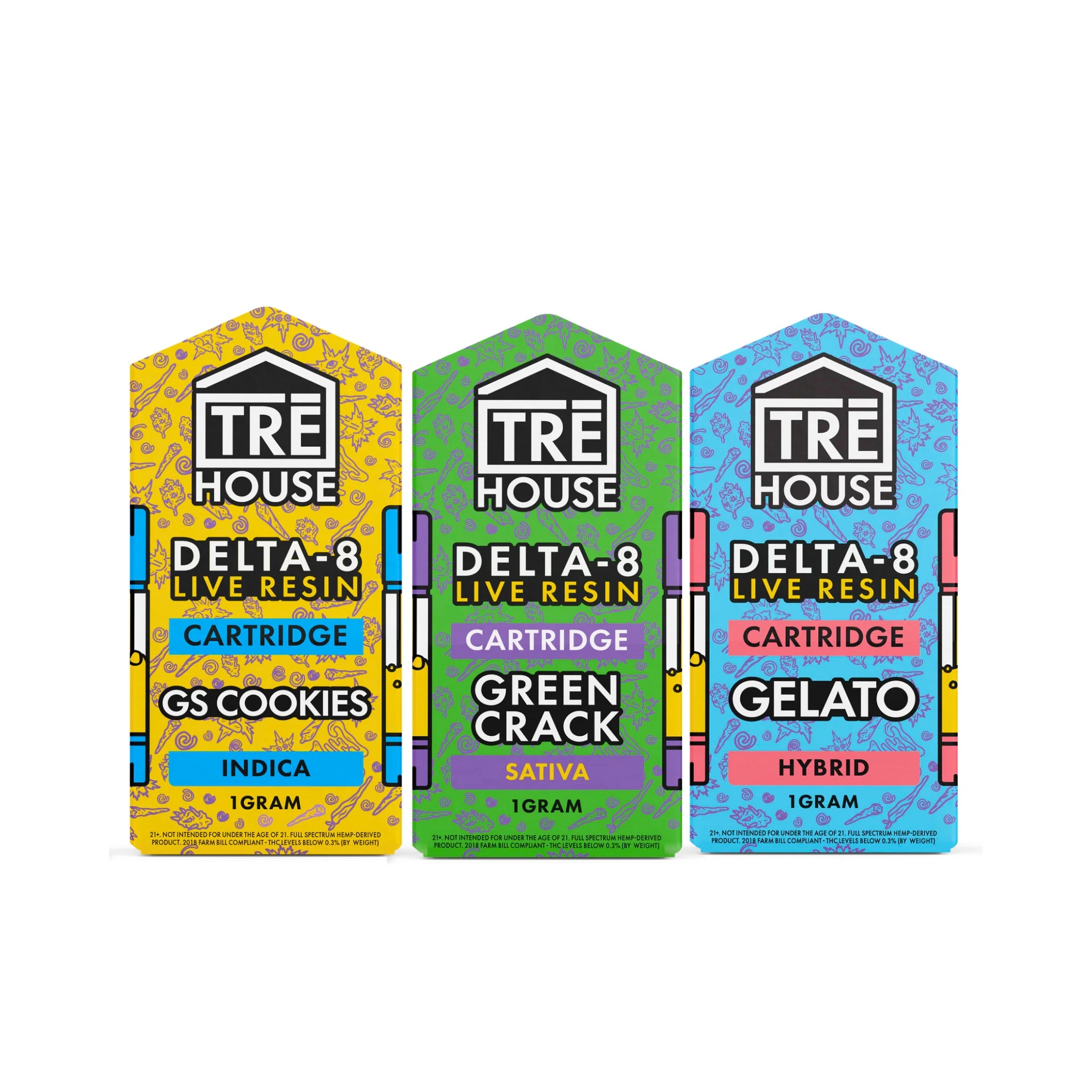 TRE House Cartuchos Wax Delta 8 Live Resin 1g Green Crack GS Cookies Gelato Blonti México