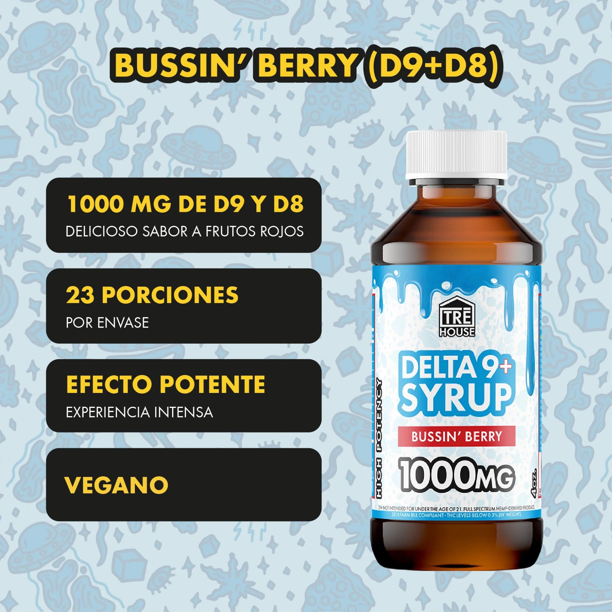TRE House Jarabe Delta 9 1000mg 115ml Bussin Berry Detalle Blonti México