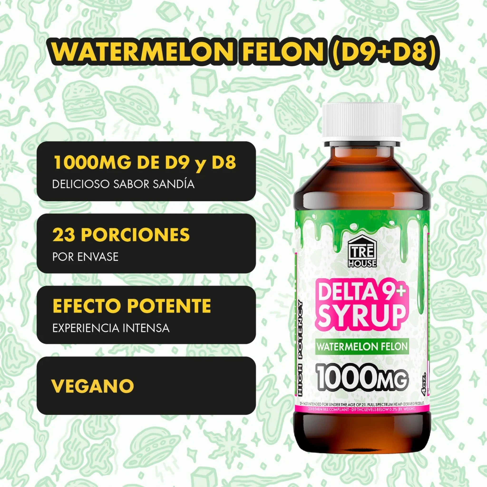 TRE House Jarabe Delta 9 1000mg 115ml Watermelon Felon Detalle Blonti México